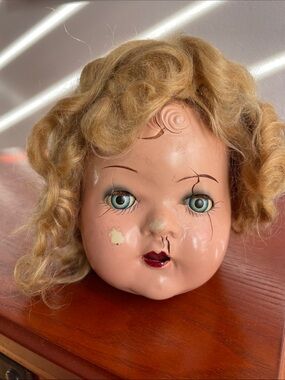 Vintage Creepy Composite Doll Head With Mechanical Sleepy  Eyes